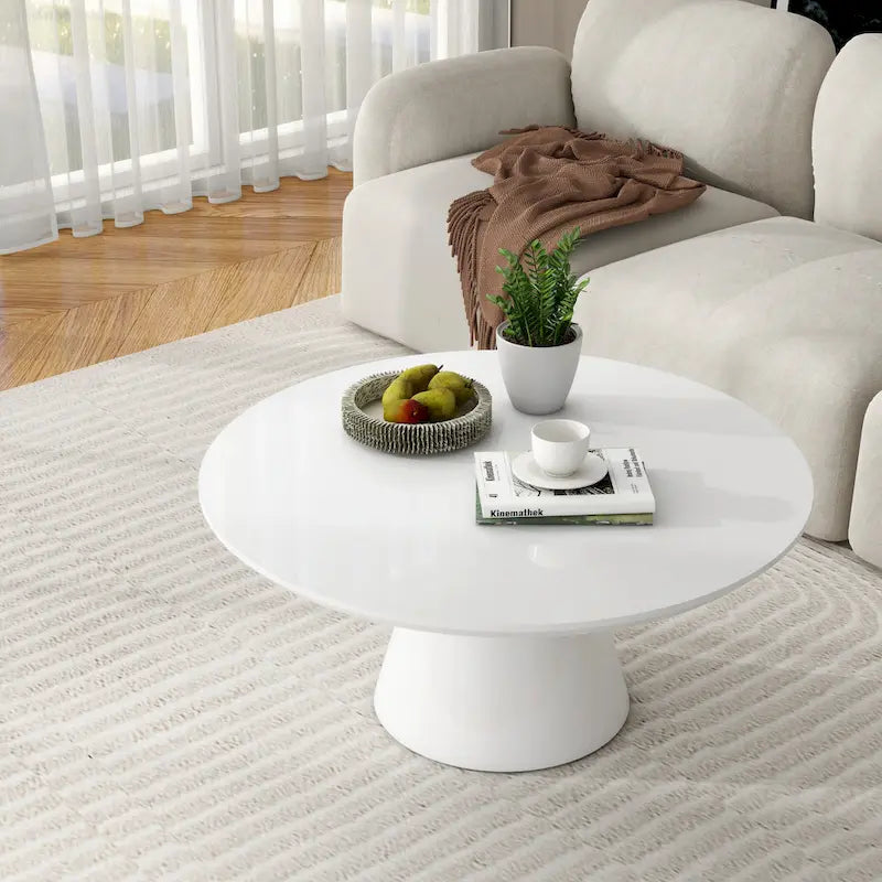 Table basse conique moderne pour salon, finition haute brillance, diamètre de 35,4 po, noire ou blanche