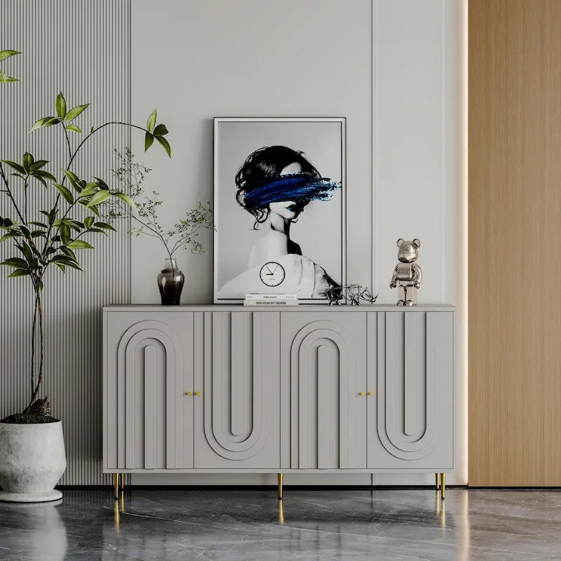 Buffet bahut moderne en bois laqué bleu/gris de 152 cm avec 4 portes, meuble de rangement d'appoint