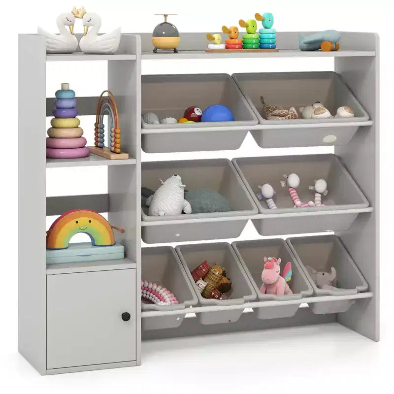 Meuble de rangement et bibliothèque pour enfants Costway, bibliothèque en bois avec 4 petites boîtes et 4 grandes boîtes Gris/Blanc