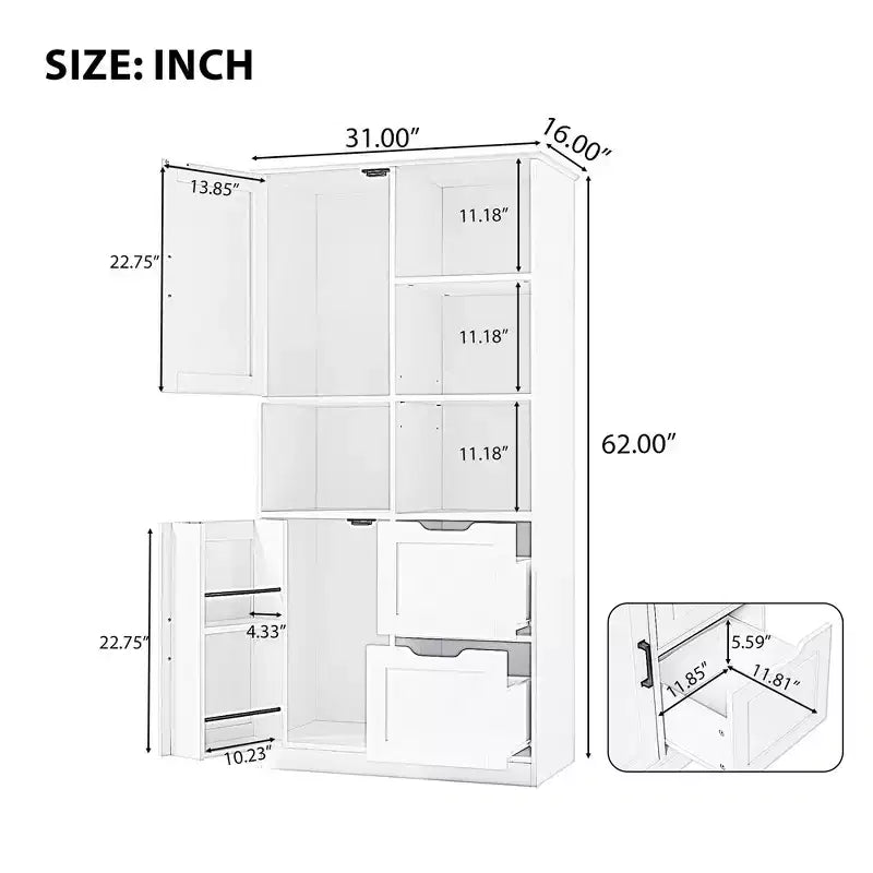 Meuble de rangement haut pour salle de bain 62", armoire de rangement sur pied avec tiroir et étagère réglable, meuble de rangement garde-manger pour salle de bain et salon