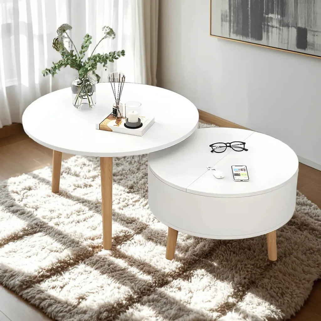 Table basse ronde moderne en bois noir et blanc avec rangement
