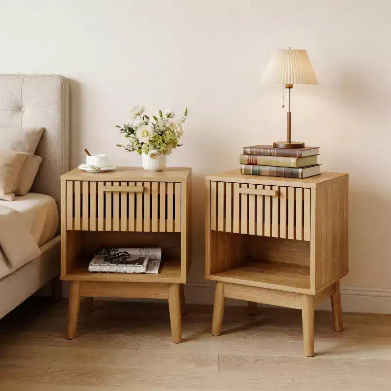 Lot de 2 tables de chevet bohèmes avec tiroir rayé et étagère ouverte, tables d'appoint compactes en bois, petites tables d'appoint pour chambre et salon