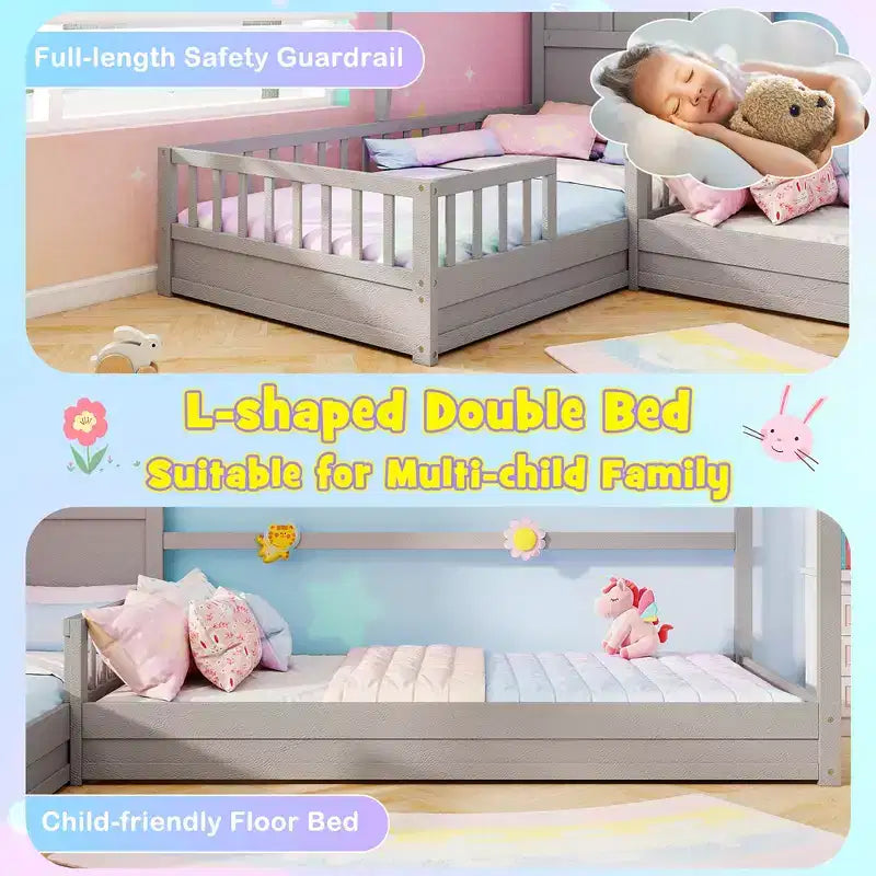 Lits doubles en L pour enfants avec fenêtre et barrières - Gris/Blanc
