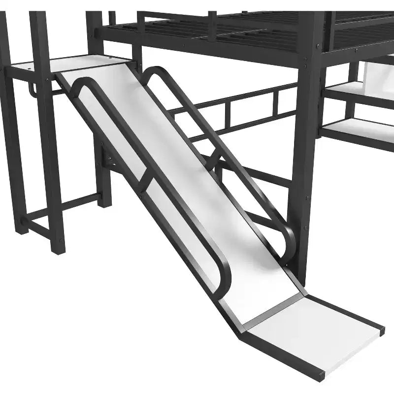 Lit mezzanine cabane avec toboggan et escalier de rangement - Cadre métallique pour enfants et adolescents