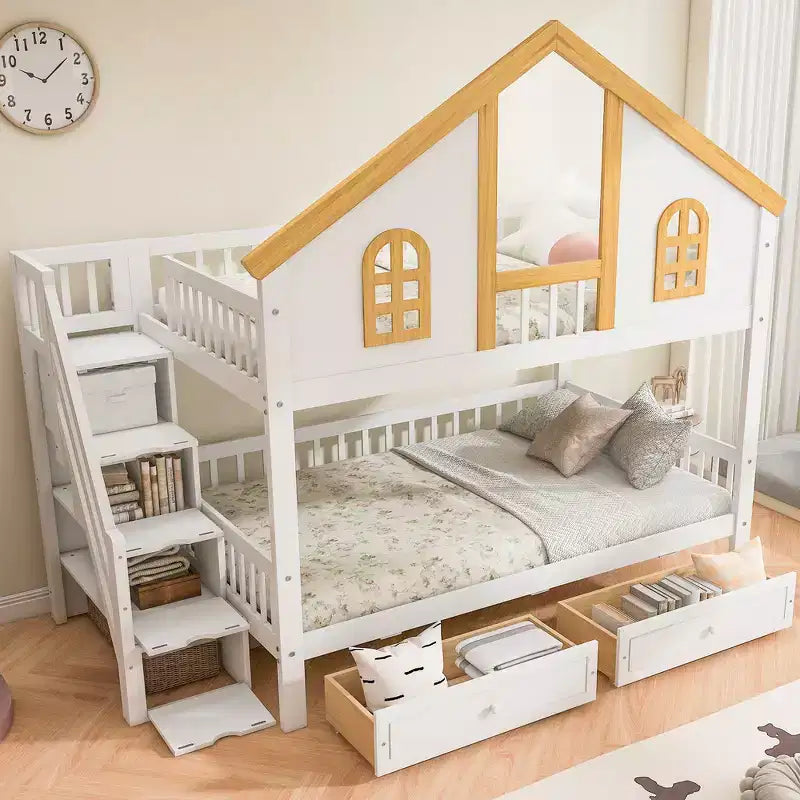 Lit superposé Whisen pour jumeaux avec porte fenêtre et toit, tiroirs de rangement et escalier