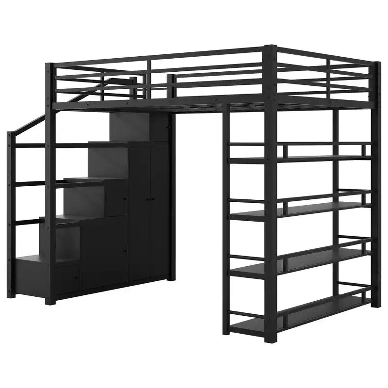 Lit mezzanine Queen Size en métal avec étagères de rangement, armoires et penderie