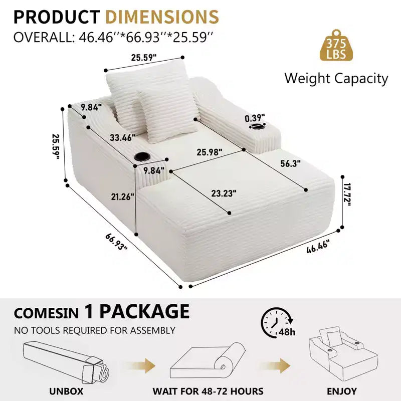 Chaise longue de 170 cm, canapé-lit d'intérieur avec 2 coussins, canapé monoplace sans structure pour salon, aucun assemblage requis
