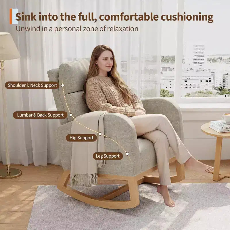 Fauteuil à bascule moderne avec oreiller et poches latérales, pour salon, chambre à coucher