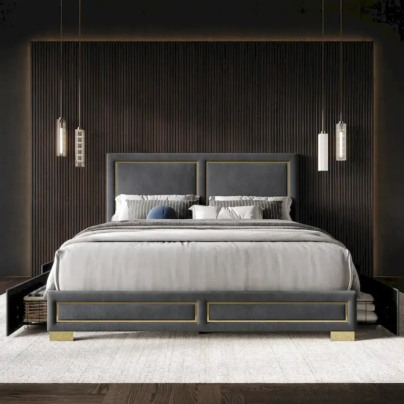 Lit Plateforme Capitonnée de Rangement Complet Jasper