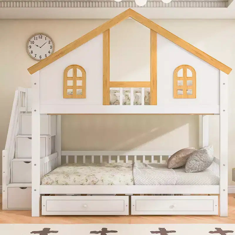 Lit superposé Whisen pour jumeaux avec porte fenêtre et toit, tiroirs de rangement et escalier