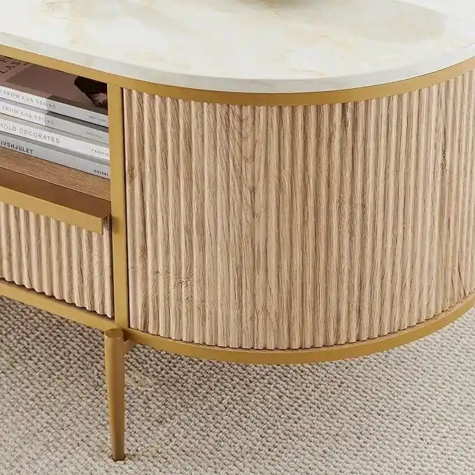 Table basse cannelée de luxe moderne, table centrale avec plateau en faux marbre