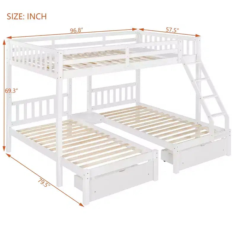Lit superposé Triple (grand lit en haut, lits jumeaux en bas) avec 2 tiroirs de rangement, en bois, peut être séparé en 3 lits individuels