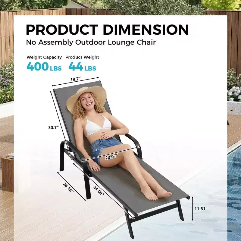 Lot de 2 Chaises Longues de Jardin, Chaises Inclinables Réglables sur 5 Positions avec Tissu Textilène, Transats de Piscine pour Jardin et Balcon