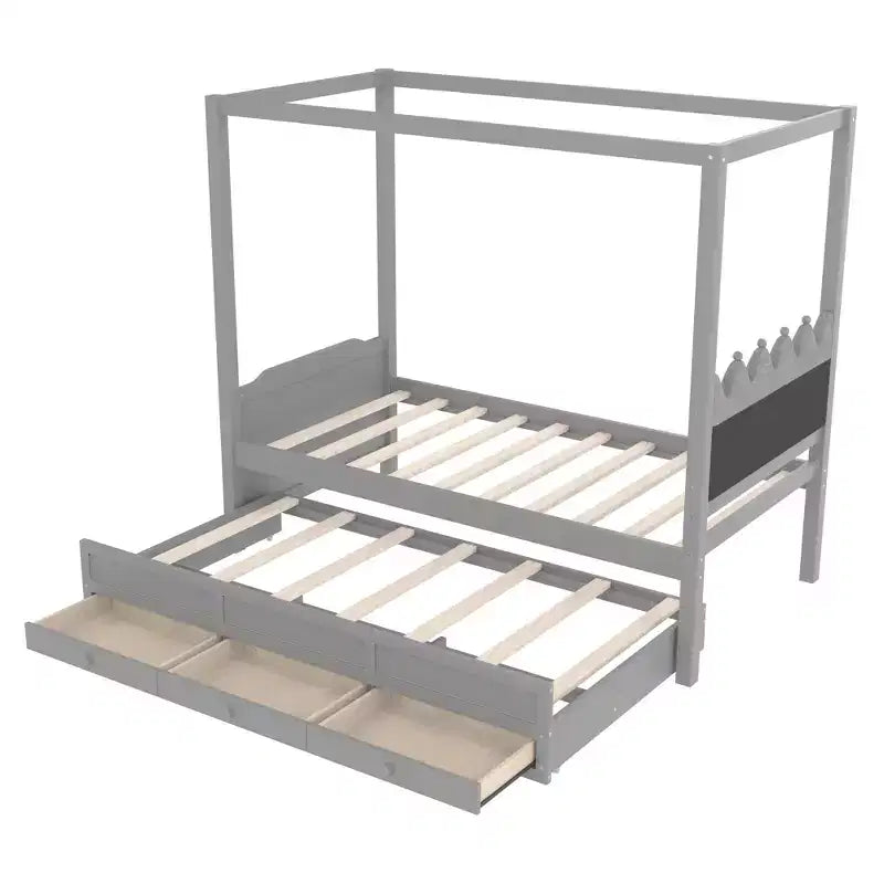 Lit plateforme double/grand format avec lit gigogne, lit à baldaquin en bois de princesse avec 3 tiroirs, lit de rangement avec tête de lit capitonnée pour chambre à coucher