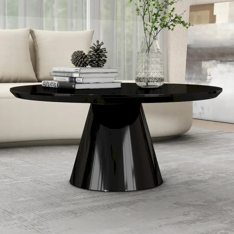 Table basse conique moderne pour salon, finition haute brillance, diamètre de 35,4 po, noire ou blanche