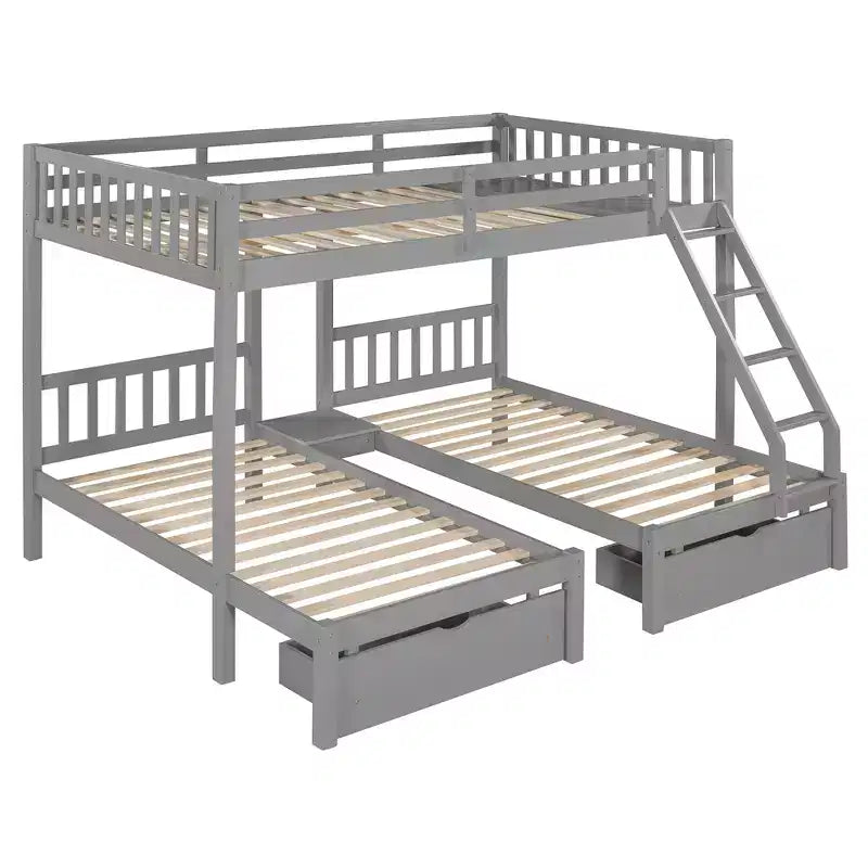 Lit superposé Triple (grand lit en haut, lits jumeaux en bas) avec 2 tiroirs de rangement, en bois, peut être séparé en 3 lits individuels