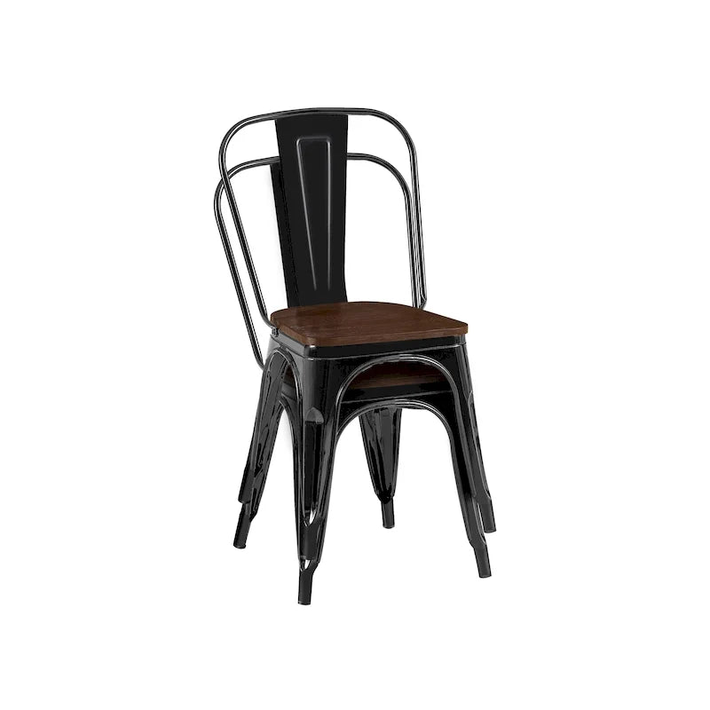 Lot de chaises de salle à manger empilables en métal industriel avec assise en bois