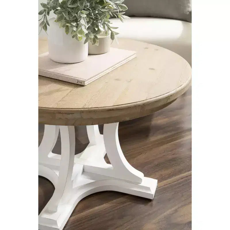 Table basse ronde en bois, marron rustique et blanc, piètement entrecroisé