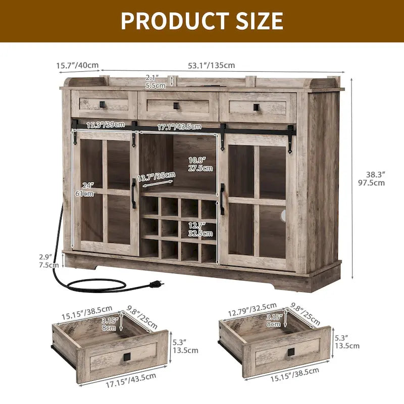 53 Meuble de rangement de cuisine avec porte de grange, buffet, bar à café et casier à vin