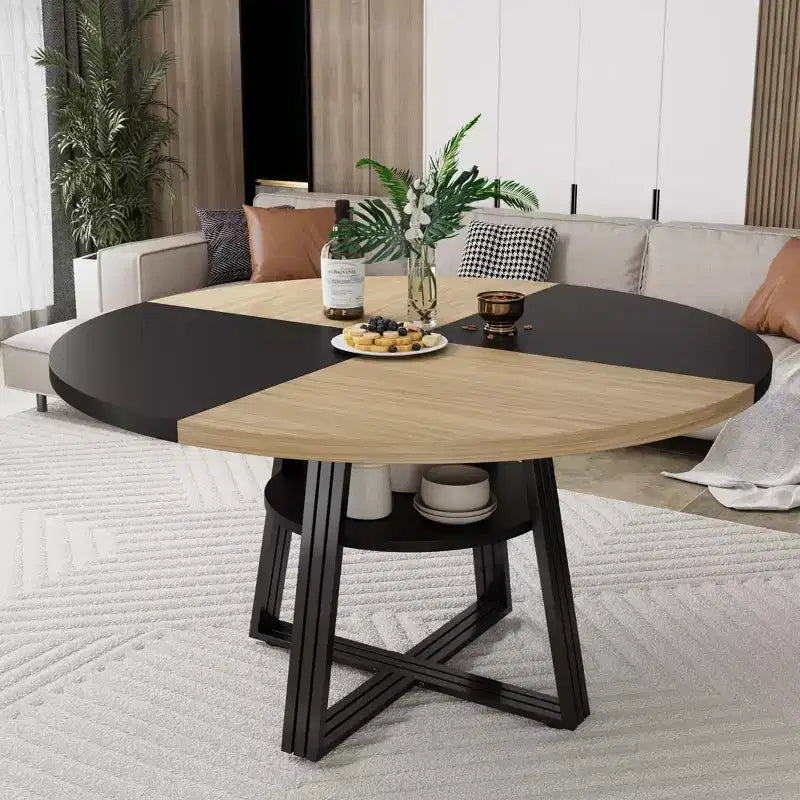 Table de salle à manger ronde pour 4 à 6 personnes, table de cuisine de 120 cm avec étagère de rangement, table à manger en bois avec base en métal pour salon, sans chaises
