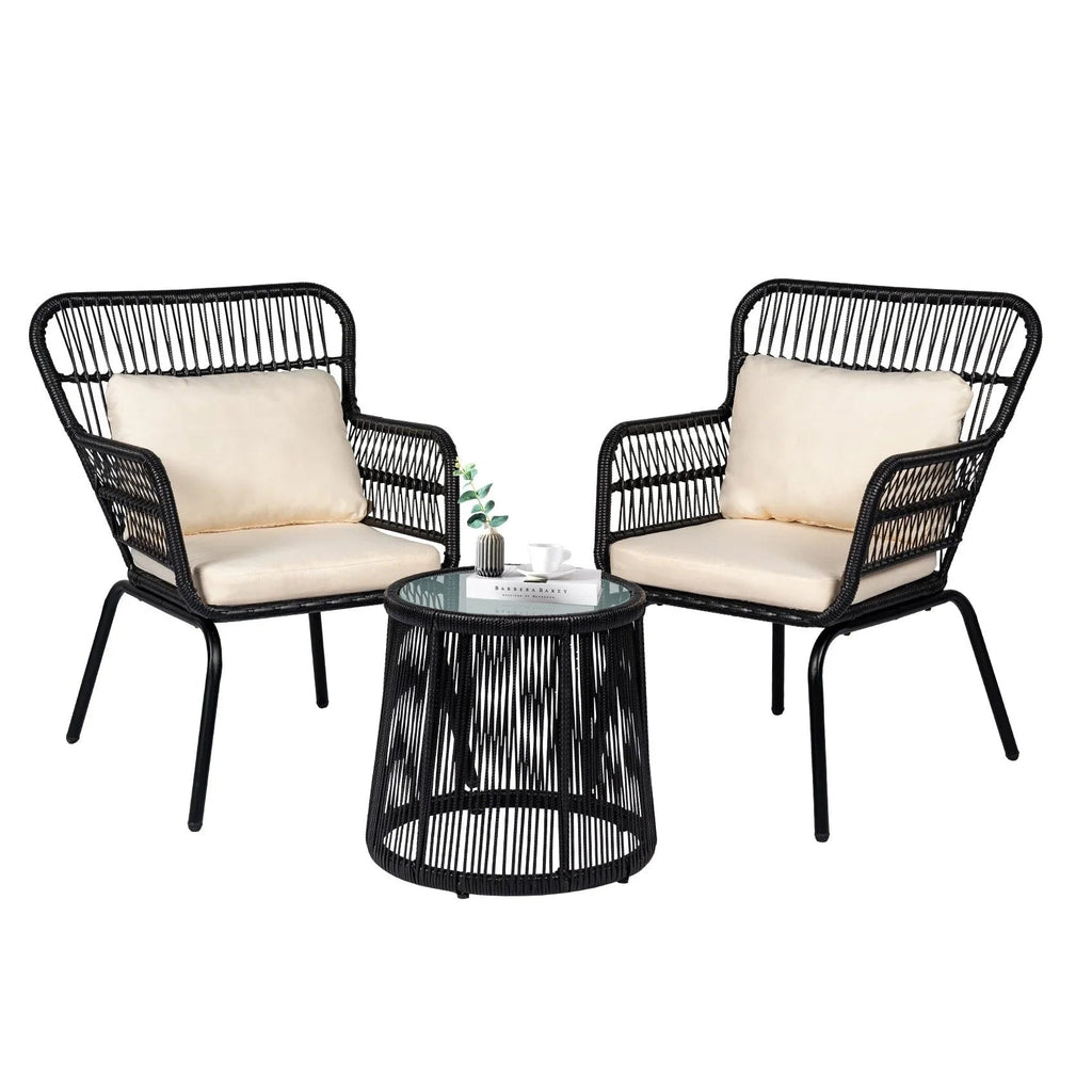 Ensemble bistrot 3 pièces en osier pour conversation, salon de jardin en rotin résistant aux intempéries avec coussins