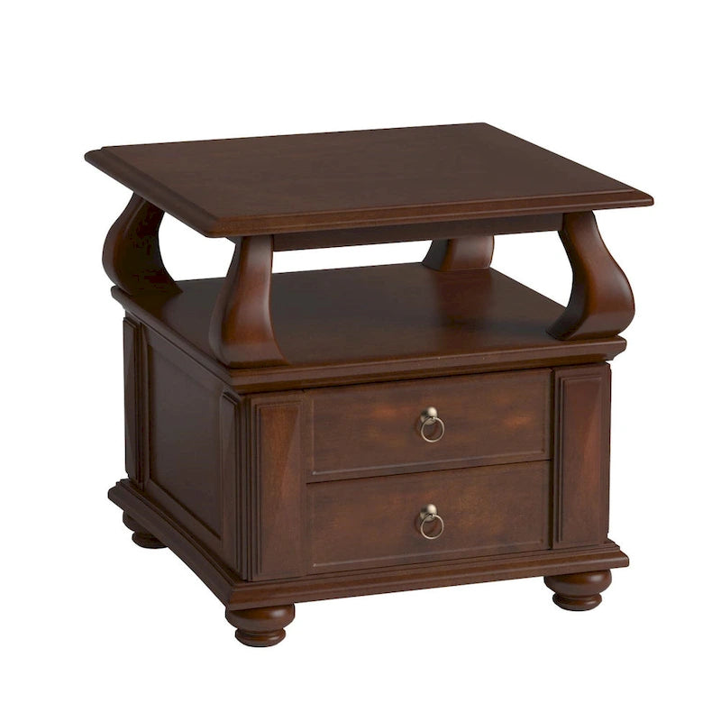 Table d'appoint carrée HomeRoots 26 en bois massif marron avec deux tiroirs et étagère - 26 X 26 X 28