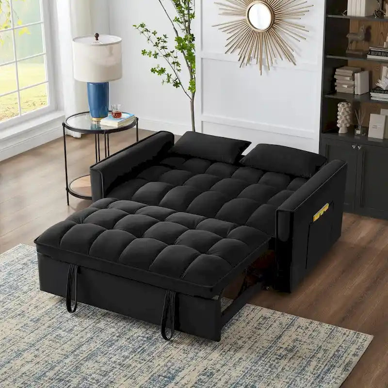 Canapé-lit convertible 4-en-1 - Banquette en velours - Canapé-lit modulable avec dossier inclinable et 2 poches latérales