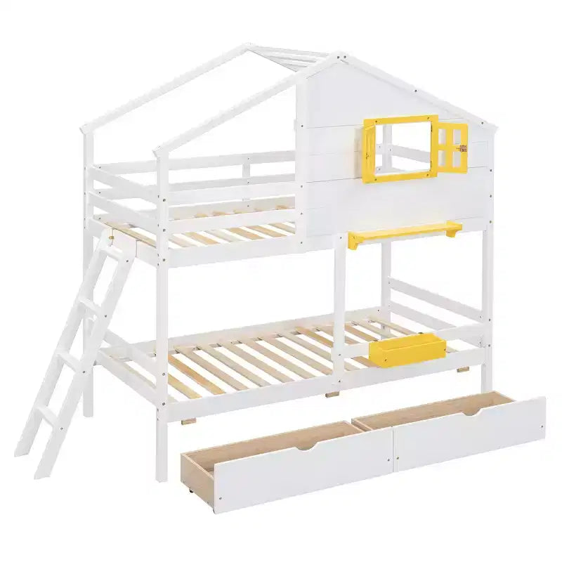 Lit superposé cabane jumeau sur jumeau avec 2 tiroirs, étagères de rangement et fenêtre