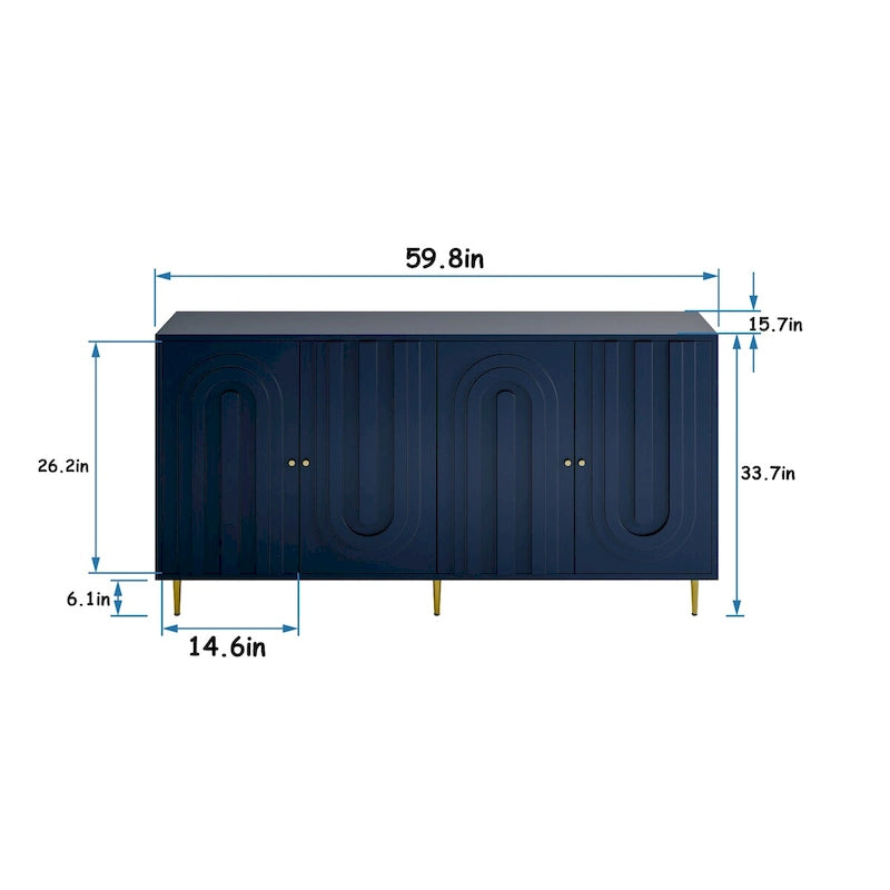 Buffet bahut moderne en bois laqué bleu/gris de 152 cm avec 4 portes, meuble de rangement d'appoint