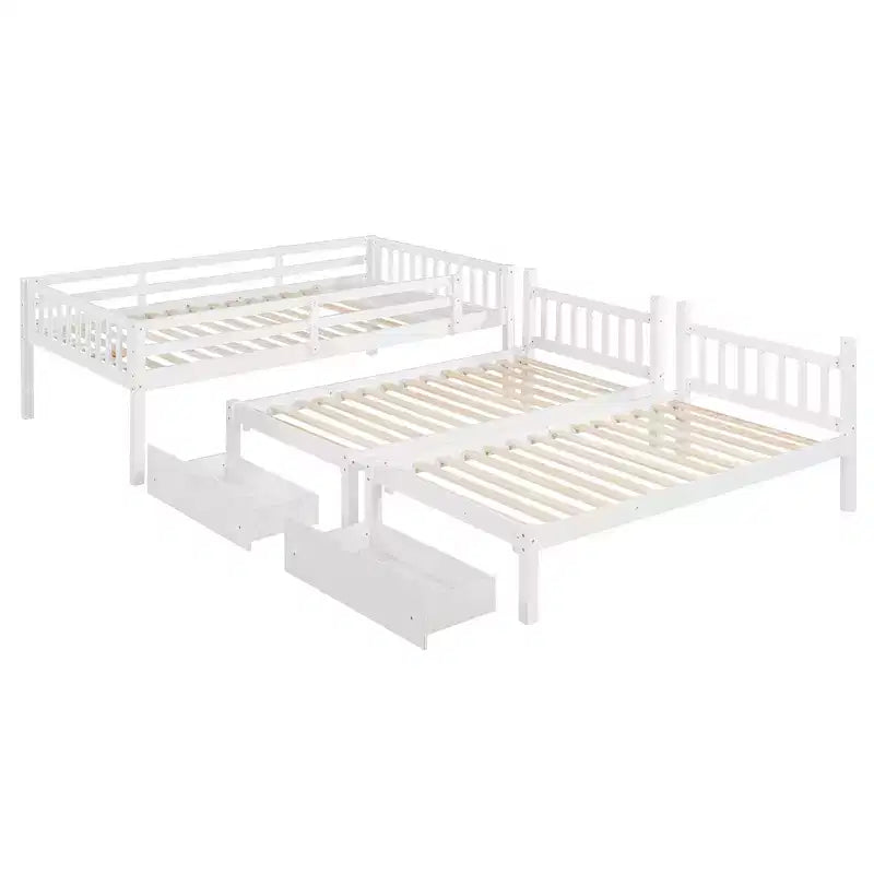 Lit superposé Triple (grand lit en haut, lits jumeaux en bas) avec 2 tiroirs de rangement, en bois, peut être séparé en 3 lits individuels