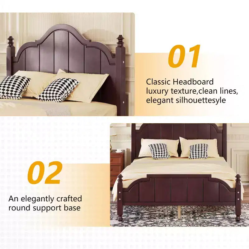 Cadre de lit plateforme Queen vintage - Pin massif, tête de lit en MDF, pas besoin de sommier