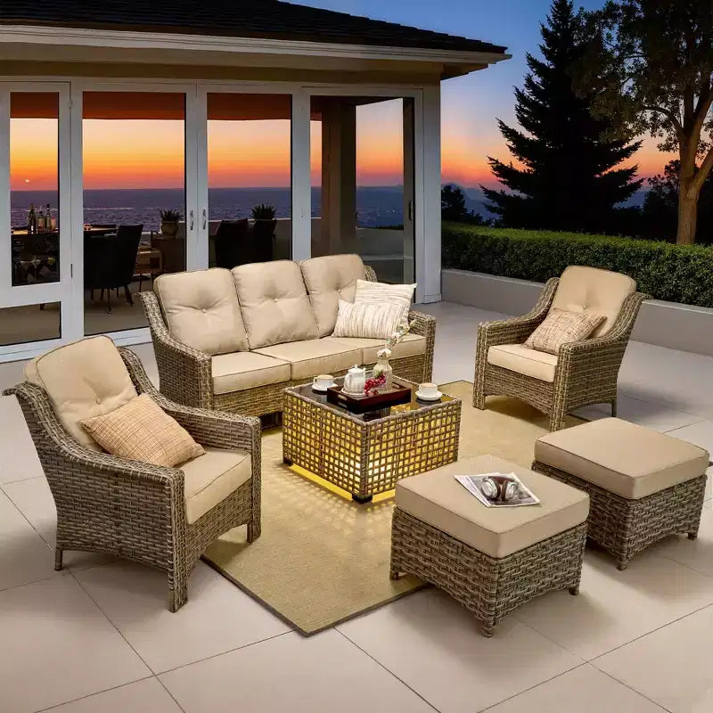 Ensemble de conversation de patio HOMLUX 6 pièces, canapé 3 places avec coussins, chaises en rotin, poufs, table basse