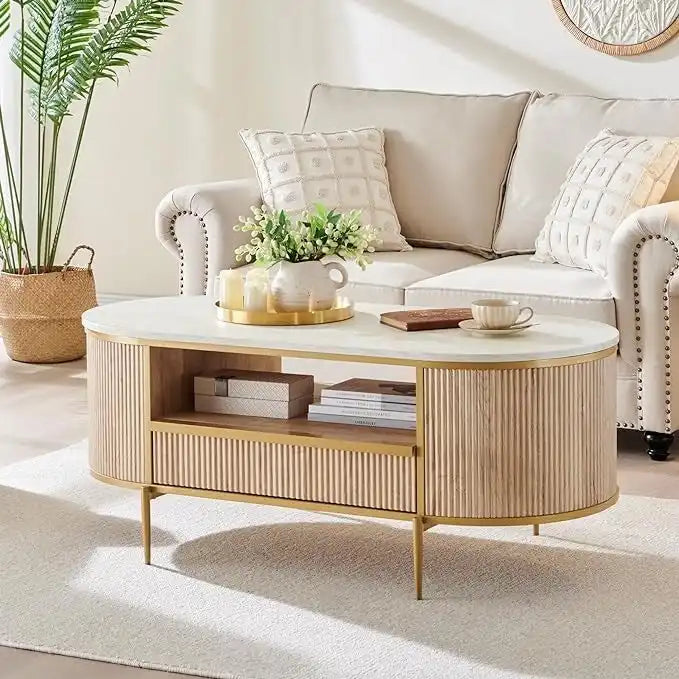 Table basse cannelée de luxe moderne, table centrale avec plateau en faux marbre