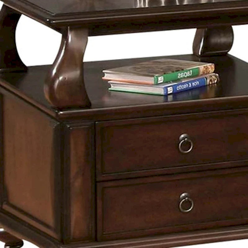 Table d'appoint carrée HomeRoots 26 en bois massif marron avec deux tiroirs et étagère - 26 X 26 X 28