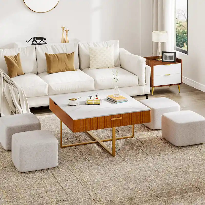 Table basse relevable avec rangement dissimulé et 4 poufs