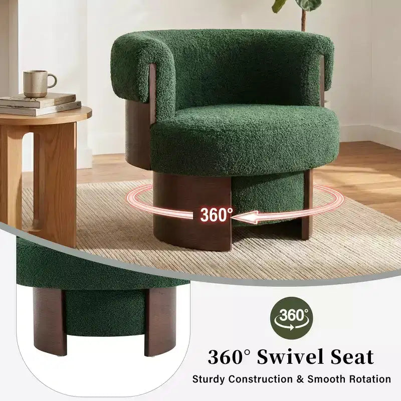 Fauteuil tonneau pivotant à 360° Whisen avec design sculptural en bois cintré, structure en bois massif, 32 po de largeur, polyvalent pour le salon et la chambre à coucher