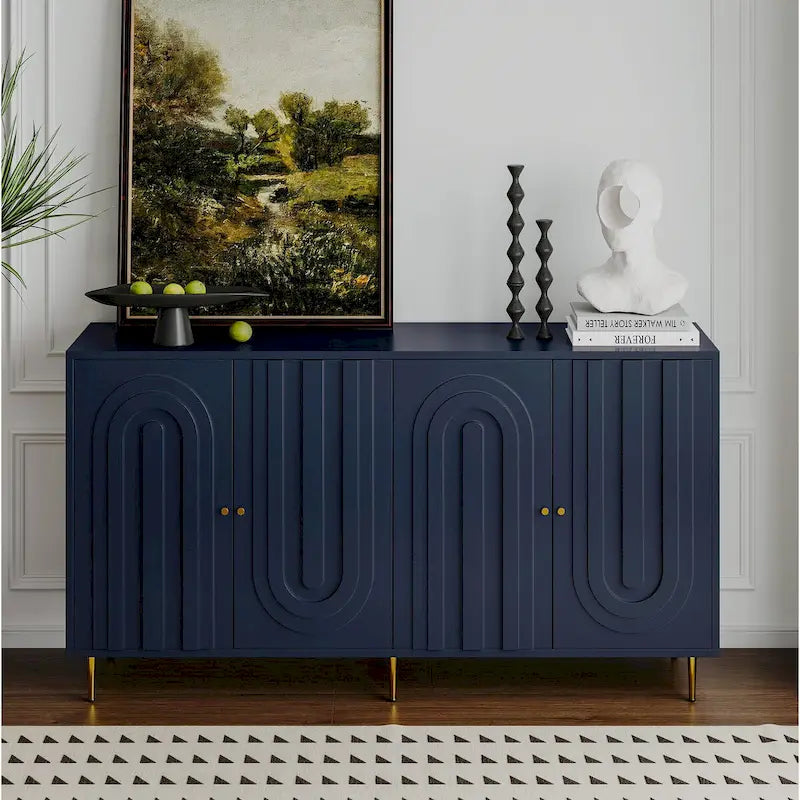 Buffet bahut moderne en bois laqué bleu/gris de 152 cm avec 4 portes, meuble de rangement d'appoint