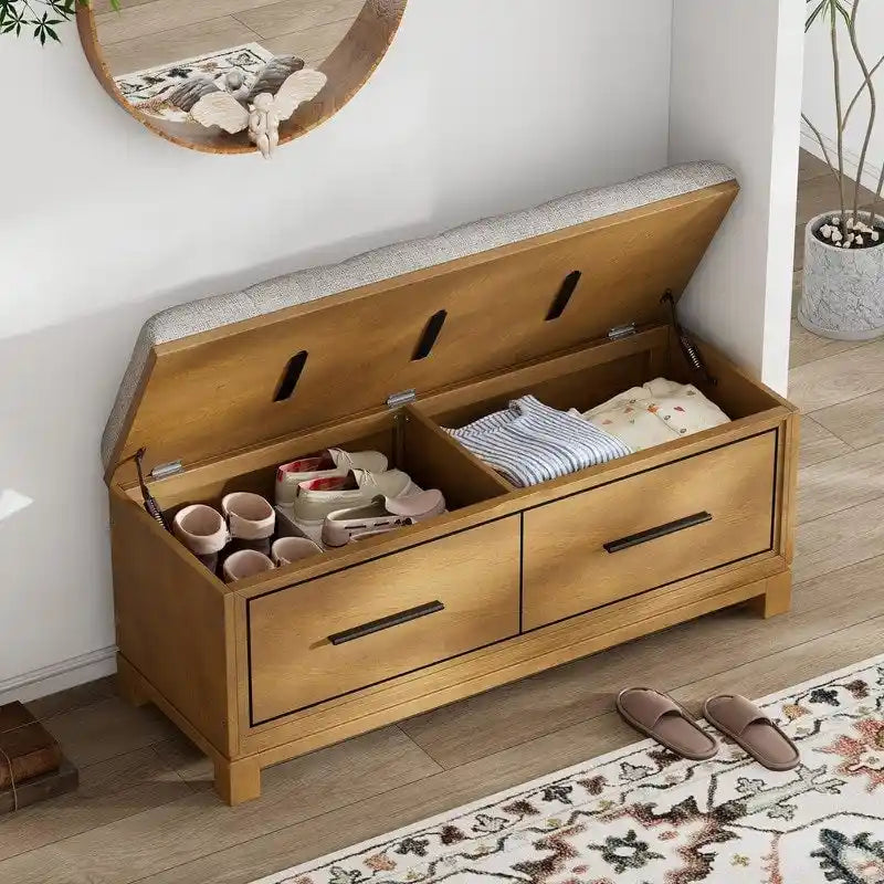Banc à chaussures avec coussin amovible et rangement dissimulé pour l'organisation de l'entrée et du salon