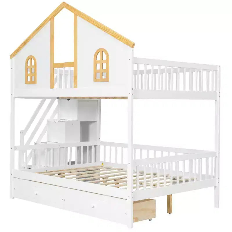 Lit superposé Whisen pour jumeaux avec porte fenêtre et toit, tiroirs de rangement et escalier