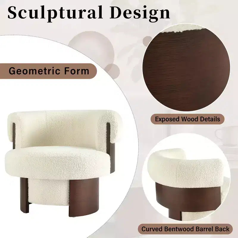 Fauteuil tonneau pivotant à 360° Whisen avec design sculptural en bois cintré, structure en bois massif, 32 po de largeur, polyvalent pour le salon et la chambre à coucher