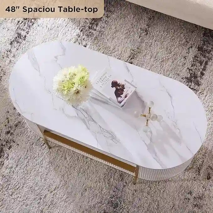 Table basse cannelée de luxe moderne, table centrale avec plateau en faux marbre