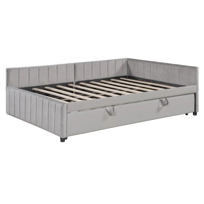 Lit de repos rembourré avec lit gigogne escamotable simple, Cadre de lit de repos double avec dossier en L et design rayé