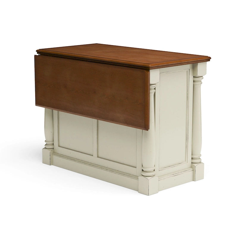 Ensemble îlot de cuisine 3 pièces Homestyles Monarch en bois blanc cassé avec plateau en bois à abattant - 48 x 25 x 36