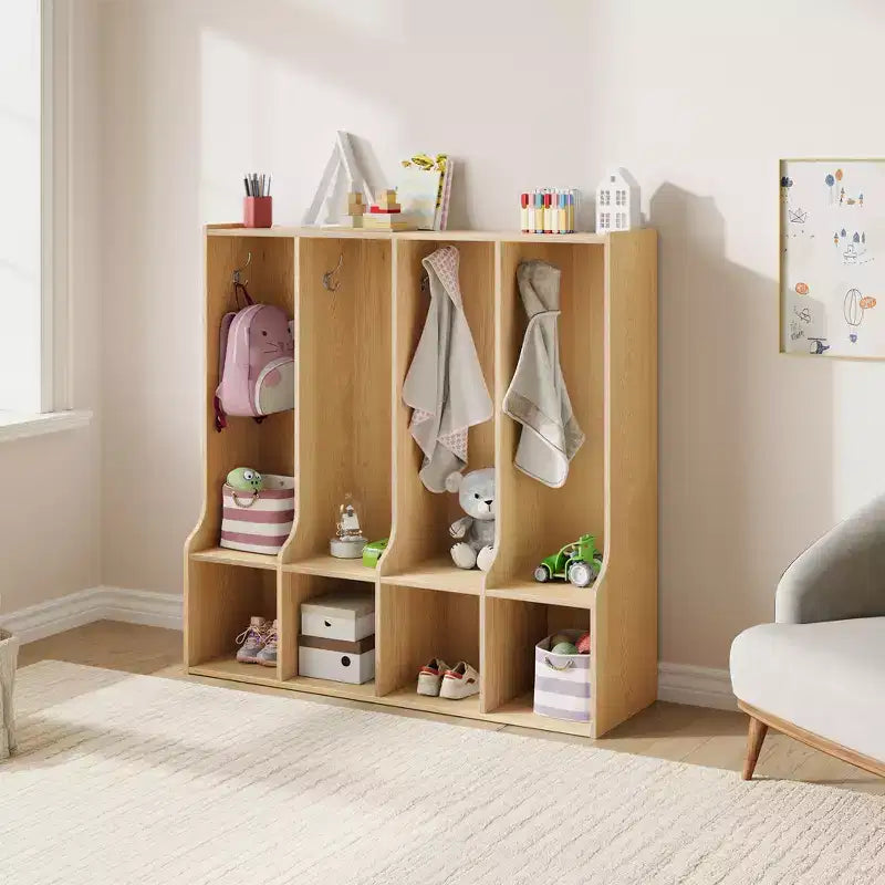 Vestiaire enfant 4 sections Acekool avec 4 casiers et 8 patères pour salle de classe, crèche et maison