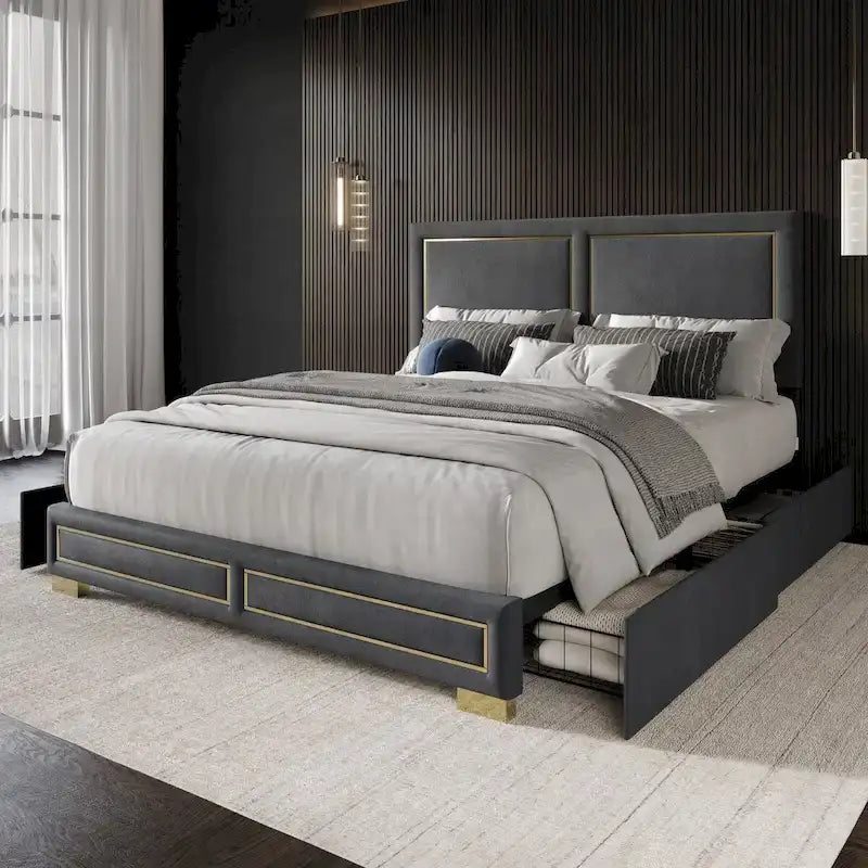 Lit Plateforme Capitonnée de Rangement Complet Jasper