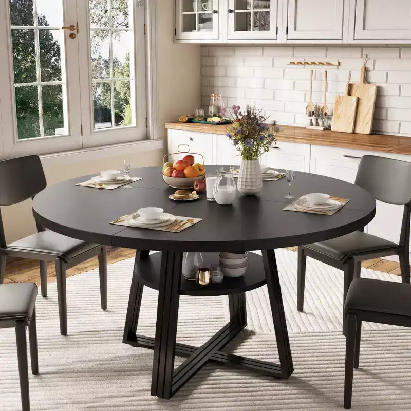 Table de salle à manger ronde pour 4 à 6 personnes, table de cuisine de 120 cm avec étagère de rangement, table à manger en bois avec base en métal pour salon, sans chaises