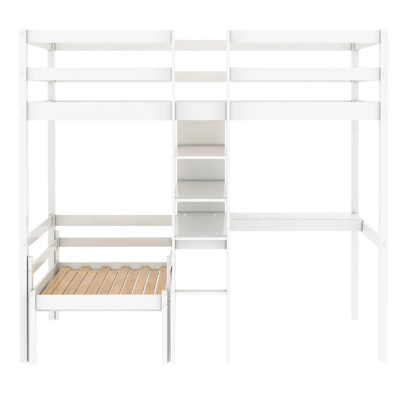 Lit mezzanine convertible avec bureau en L, Lit superposé jumeau avec étagères et échelle, Blanc