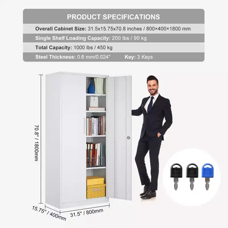 Armoire de rangement en métal VEVOR, armoire de rangement verrouillable en acier avec 2 portes magnétiques et 4 étagères réglables, armoire métallique de 180 cm (71 po), capacité de 90 kg (200 lb), blanc