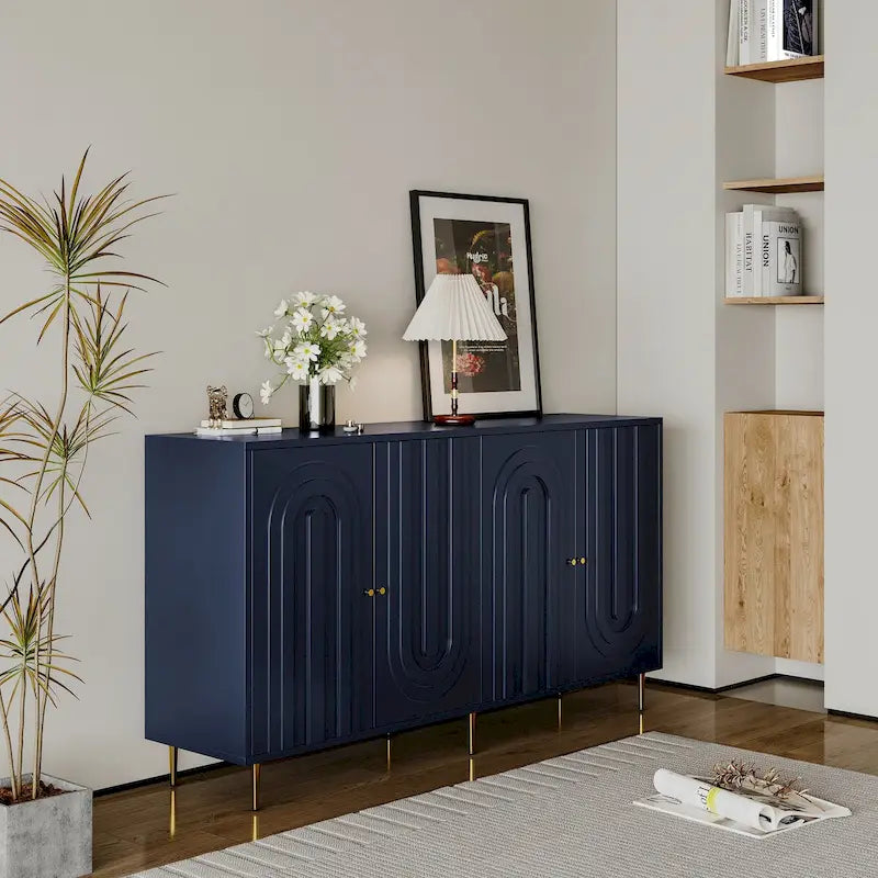 Buffet bahut moderne en bois laqué bleu/gris de 152 cm avec 4 portes, meuble de rangement d'appoint