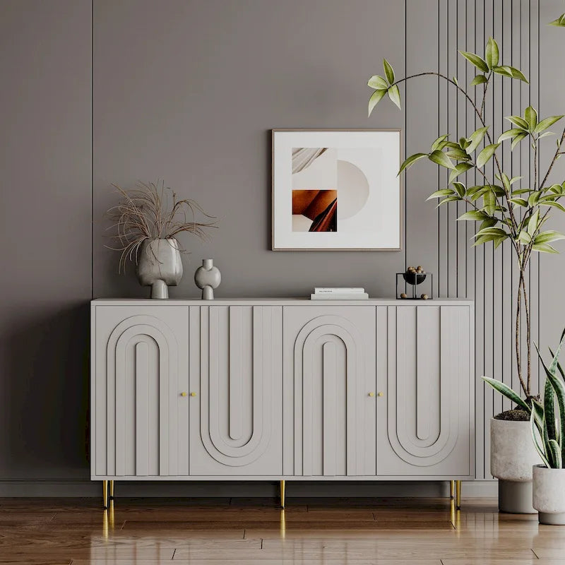 Buffet bahut moderne en bois laqué bleu/gris de 152 cm avec 4 portes, meuble de rangement d'appoint